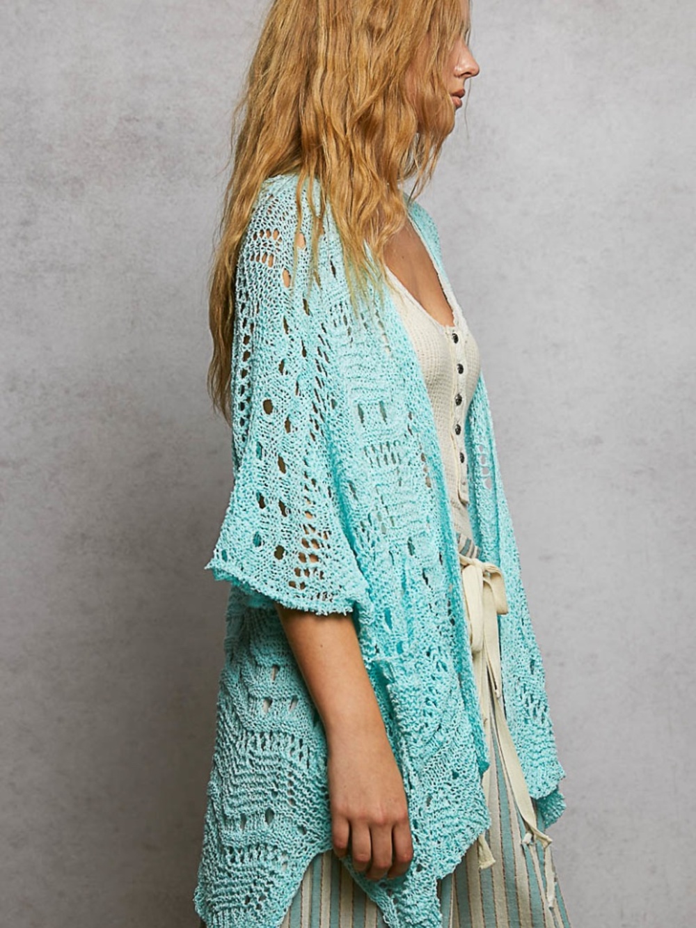 POL Teal Blue Crochet Pockets Open Front Loose Fit cardigan - Picture 4 of 6